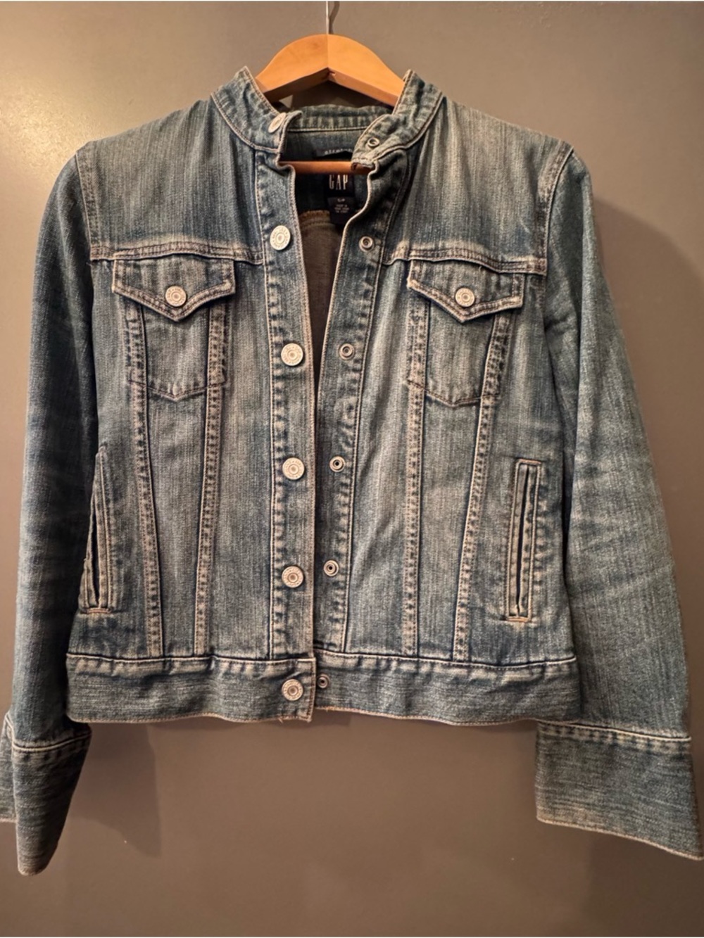 GAP Women’s Faded Blue Denim Jacket with Stand Collar